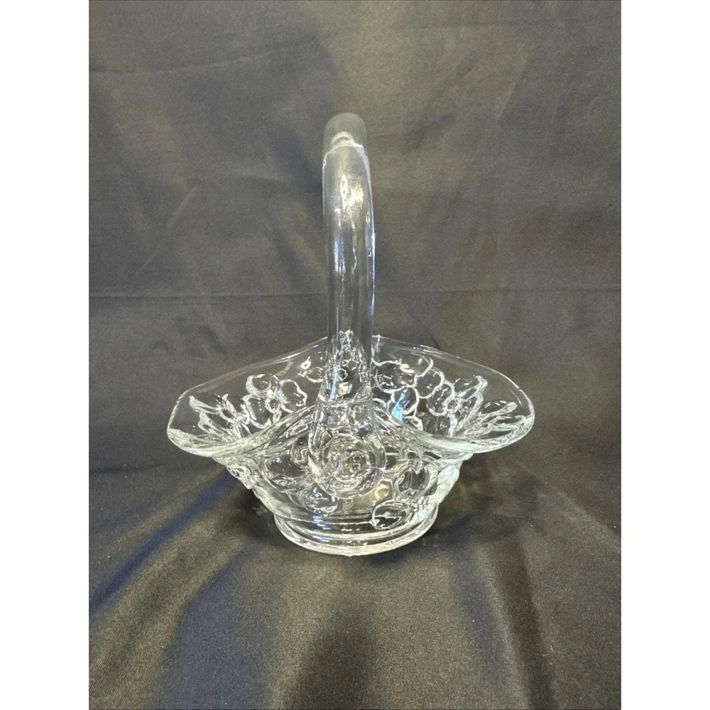 Vintage Clear Indiana Glass Tiara Handled Vanity Basket with Dogwood Blossoms